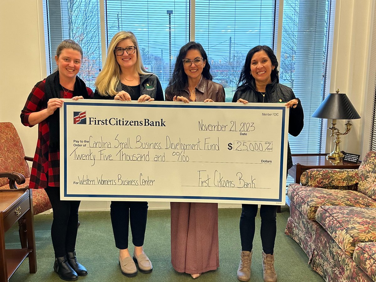 Today, <a href="/firstcitizens/">First Citizens Bank</a> presented the <a href="/WWBCNC/">Western Women's Business Center</a> and CSBDF with a $25,000 grant to support the WWBC's work in Western North Carolina. 

Thank you to First Citizens Bank for being a champion for small businesses in Western North Carolina and for your support of the WWBC!