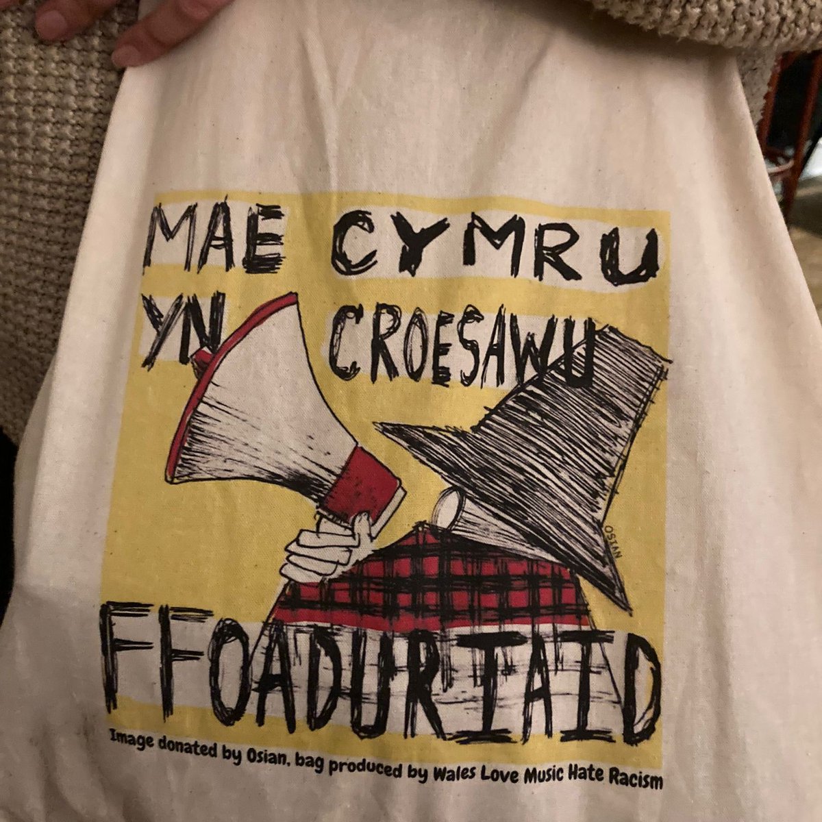 OsianGrifford's tweet photo. Illustration made with/for @SUTRLlanelli who've been standing up to racism stirred up by people from all over concentrating on their town. Tote bags by WLMHR 
#llanelli https://t.co/jwjxUmLnHn