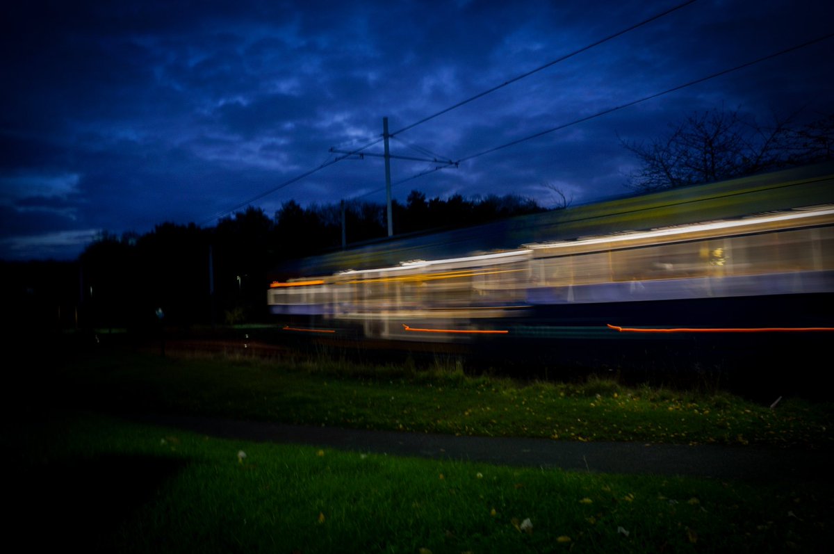 An unidentified <a href="/SCSupertram/">Previously Supertram | @SY_Supertram</a> passing Crystal Peaks shopping centre this evening. Dark evenings make it easy to grab shots like this beauty 😍