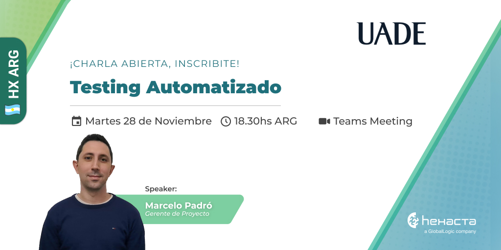 El martes 28 daremos una charla en <a href="/UADEoficial/">UADE</a>, ¡sumate!

👉 ¿De qué se hablará?
💬 Testing Automatizado
🗣 Speaker: Marcelo Padró, gerente de proyecto.

📅 Martes 28/11
6:30 p.m. ARG
Evento virtual, libre y gratuito

🙌 Inscribite acá: uade.edu.ar/agenda/testing…
¡Te esperamos!
