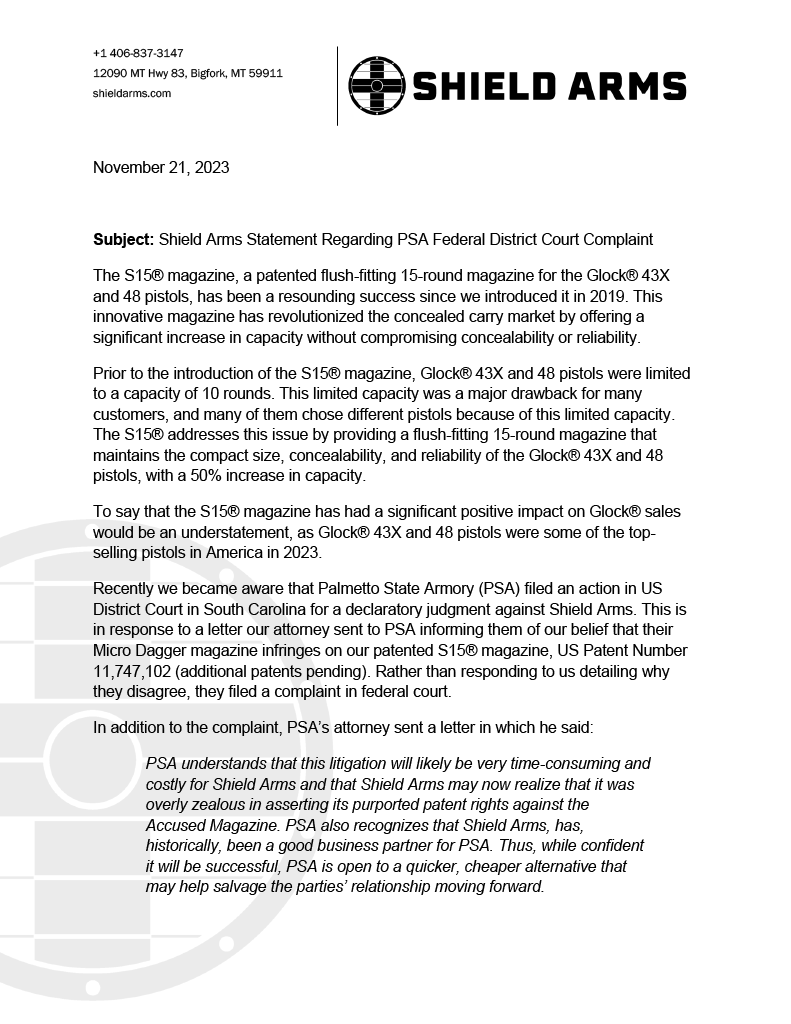 ShieldArms's tweet photo. Our statement regarding the complaint Palmetto State Armory filed against Shield Arms in federal district court last week. https://t.co/eLZHSOMHDA