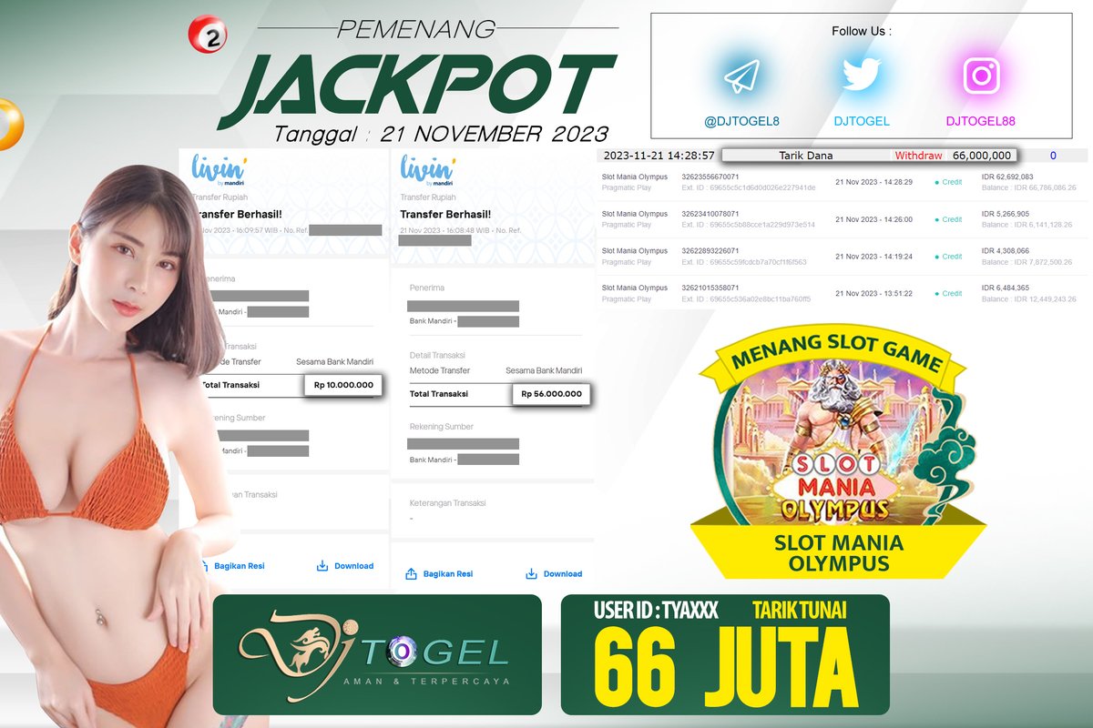 DjTogel's tweet photo. CONGRATS !!!        

Kami Ucapkan Selamat Kepada Member Setia kami dengan User Id: TYAxxx Karena telah Mendapatkan Jackpot Sebesar 66 Juta Pada Permainan MANIA OLYMPUS Tanggal 21 November 2023        

Ayo Ikuti kami untuk mendapatkan informasi menarik lebih lanjut! https://t.co/NRgxuhfzmu
