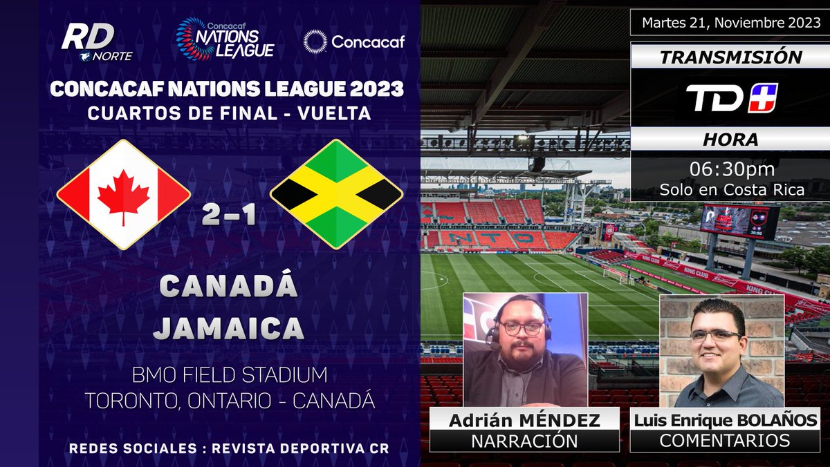 DeportivaCR's tweet photo. 🏆 @Concacaf @CNationsLeague 2023
Cuartos de Final - VUELTA
🇨🇦 @CanadaSoccerEN v @jff_football 🇯🇲
🎙️ #AdrianMnedez @LuisEBol7
📺 @tdmas_cr (🇨🇷)
💻📱 @tdmaxcr (🇨🇷)
⏰06:30pm CRC
🇨🇷 #RDNorte #CNL #CANvsJAM https://t.co/FaJJL5r7e8