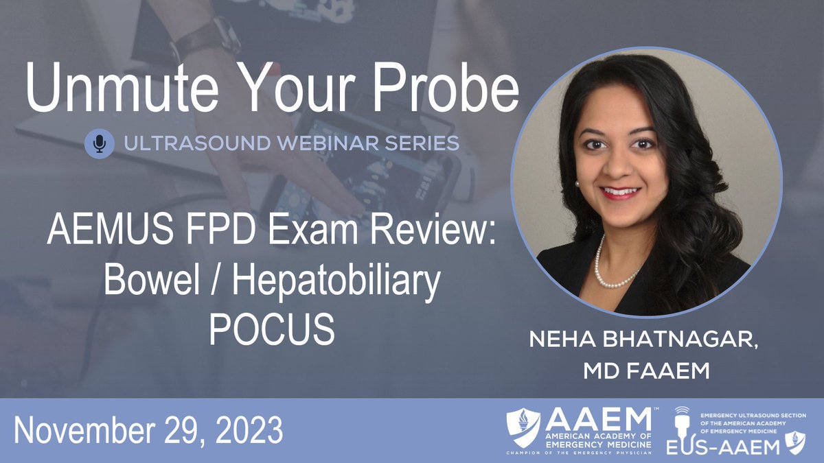 aaeminfo's tweet photo. Join EUS-AAEM and Dr. Bhatnagar (@nbhatnagar_md) at the next Unmute Your Probe webinar to review bowel/hepatobiliary #POCUS in preparation for the AEMUS FPD Exam. #Ultrasound #EmergencyMedicine

Register Today: https://t.co/IDnnW18cG0 https://t.co/AZgs9EtmwK