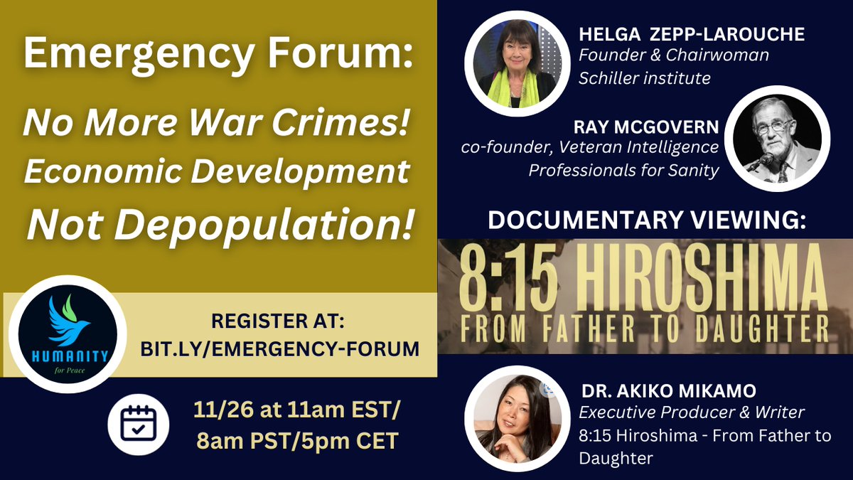 4peacehumanity's tweet photo. Please Register for an emergency forum and showing of "8:15 Hiroshima: From Father to Daughter"

November 26 at 11am EST/8am PST/5pm CET

Please Register below. Space is limited:
https://t.co/ASfEE1Hmnp https://t.co/gkDqgGbQkR