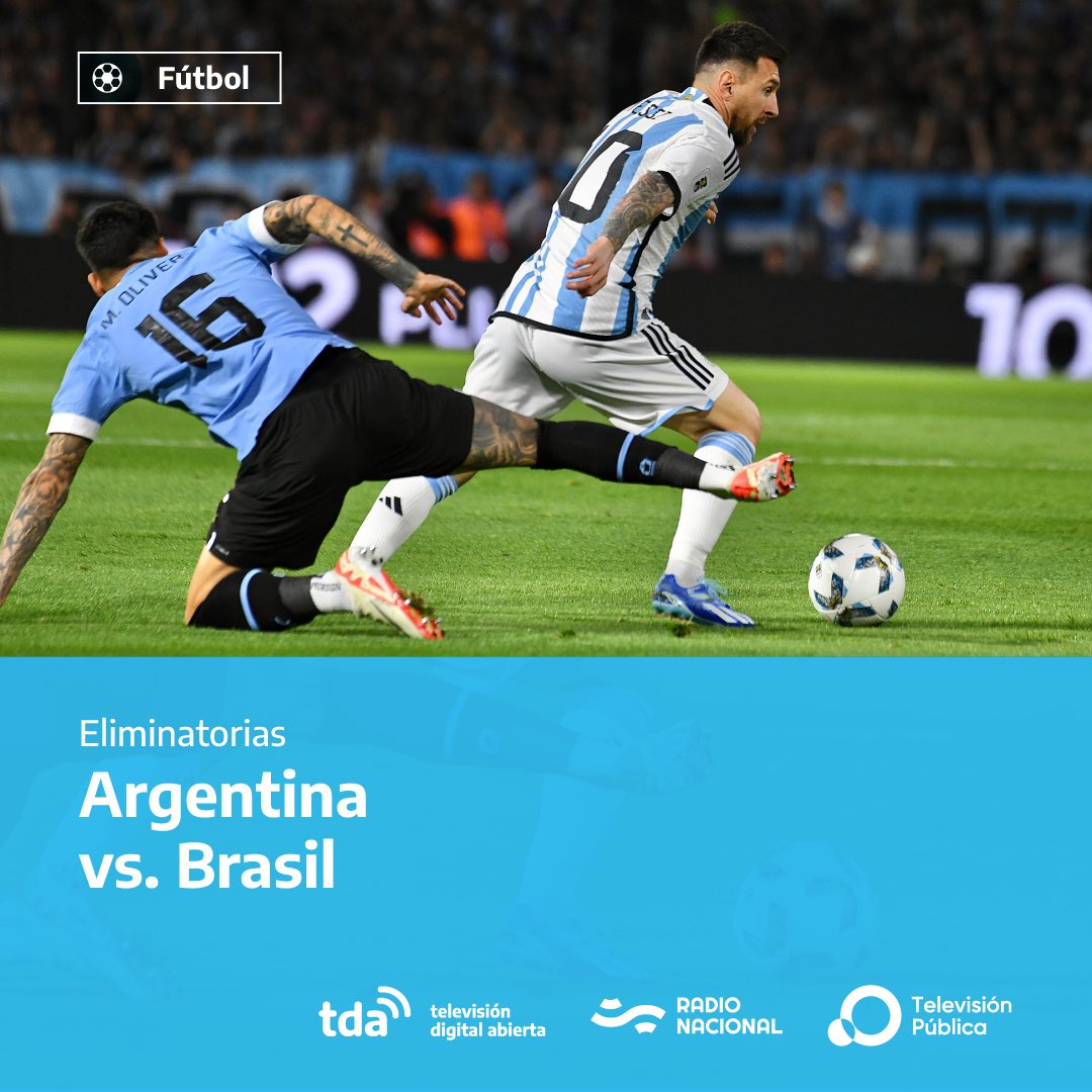 🇦🇷 La Selección Argentina se enfrenta a Brasil por la fecha 6 de las Eliminatorias Sudamericanas rumbo al Mundial 2026 🏆

Vivilo por los #MediosPúblicos a partir de las 19:30 hs con la previa #SomosMundiales

<a href="/TV_Publica/">TVP</a> <a href="/tdaargentina/">Televisión Digital Abierta</a> <a href="/NacionalAM870/">Radio Nacional AM 870</a>