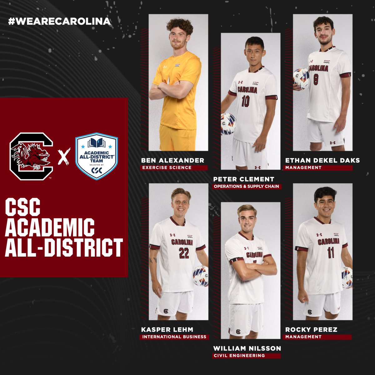 📚 Congrats <a href="/benca1exander/">Ben Alexander</a>, Peter, <a href="/EthanDekel1/">Ethan Dekel</a>, Kasper, <a href="/wnilsson7/">William Nilsson</a>, and <a href="/rockyperez11/">rockyperez</a> on being named to the <a href="/CollSportsComm/">College Sports Communicators</a> Academic All-District Team! Read more on the honor ⤵️
gamecocksonline.com/news/2023/11/2… 

#WEareCarolina