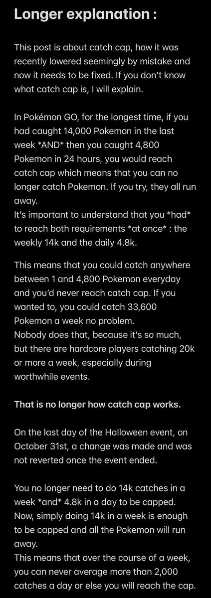 pogoscar's tweet photo. Catch cap was lowered around Oct 31st.

For many reasons, this new cap is flawed, does not make sense and requires attention from Niantic. @NianticHelp @NianticLabs

Below, I have included a TLDR and a longer explanation of the issue.

Retweets are appreciated. 🫡 https://t.co/pXIJP2Yt8M
