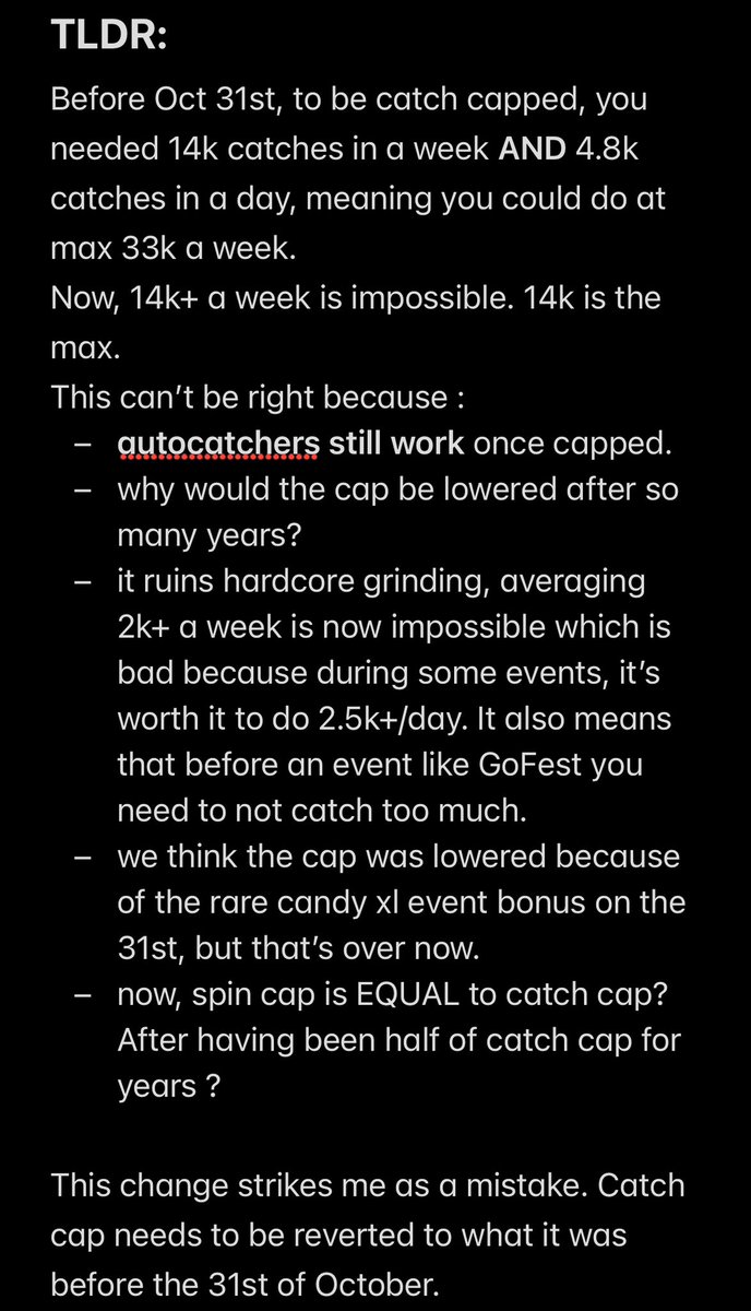 pogoscar's tweet photo. Catch cap was lowered around Oct 31st.

For many reasons, this new cap is flawed, does not make sense and requires attention from Niantic. @NianticHelp @NianticLabs

Below, I have included a TLDR and a longer explanation of the issue.

Retweets are appreciated. 🫡 https://t.co/pXIJP2Yt8M