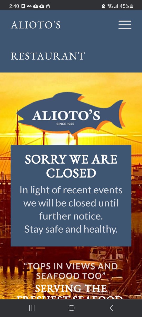 VincentDecicco6's tweet photo. This still makes me sad.
Alioto's Restaurant, a Sicilian seafood staple on San Francisco's Fisherman's Wharf, is permanently closed. The restaurant ended its 66-year lease with the Port of San Francisco early, one of several tenants hit hard by the pandemic. https://t.co/oPF5SZHhuR
