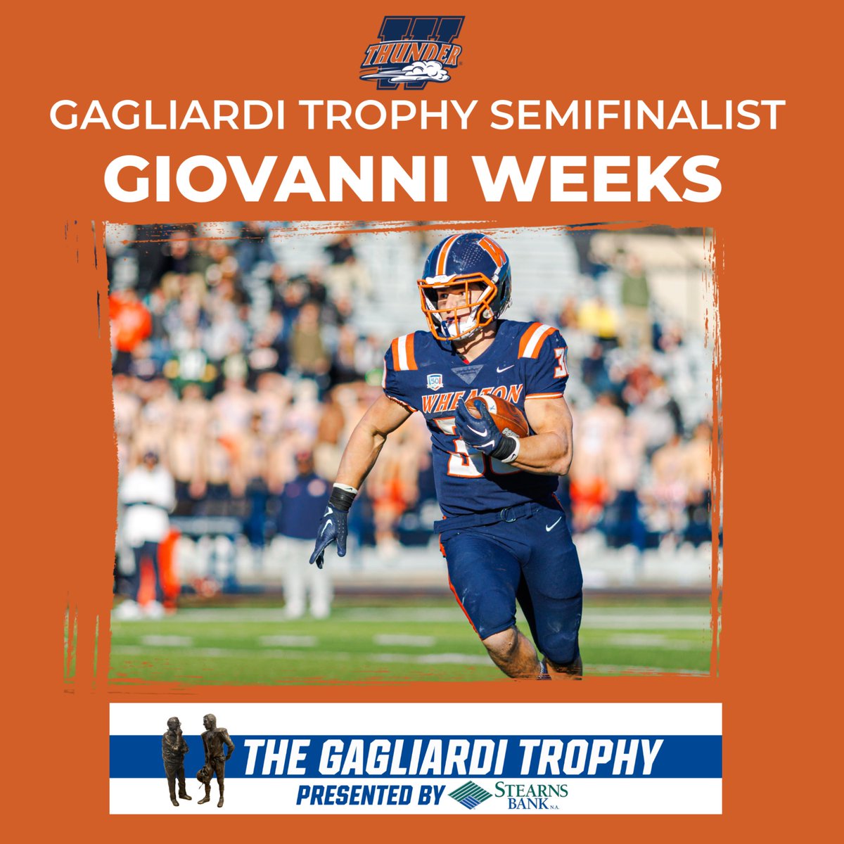 Wheaton_Thunder's tweet photo. Wheaton running back Giovanni Weeks has been named a semifinalist for the 2023 Gagliardi Trophy. Weeks is the fourth Wheaton football player to be named a semifinalist for the award. This year's award has 20 semifinalists from a record number of nominations. #LetsRoll https://t.co/Mr19cjKnIu