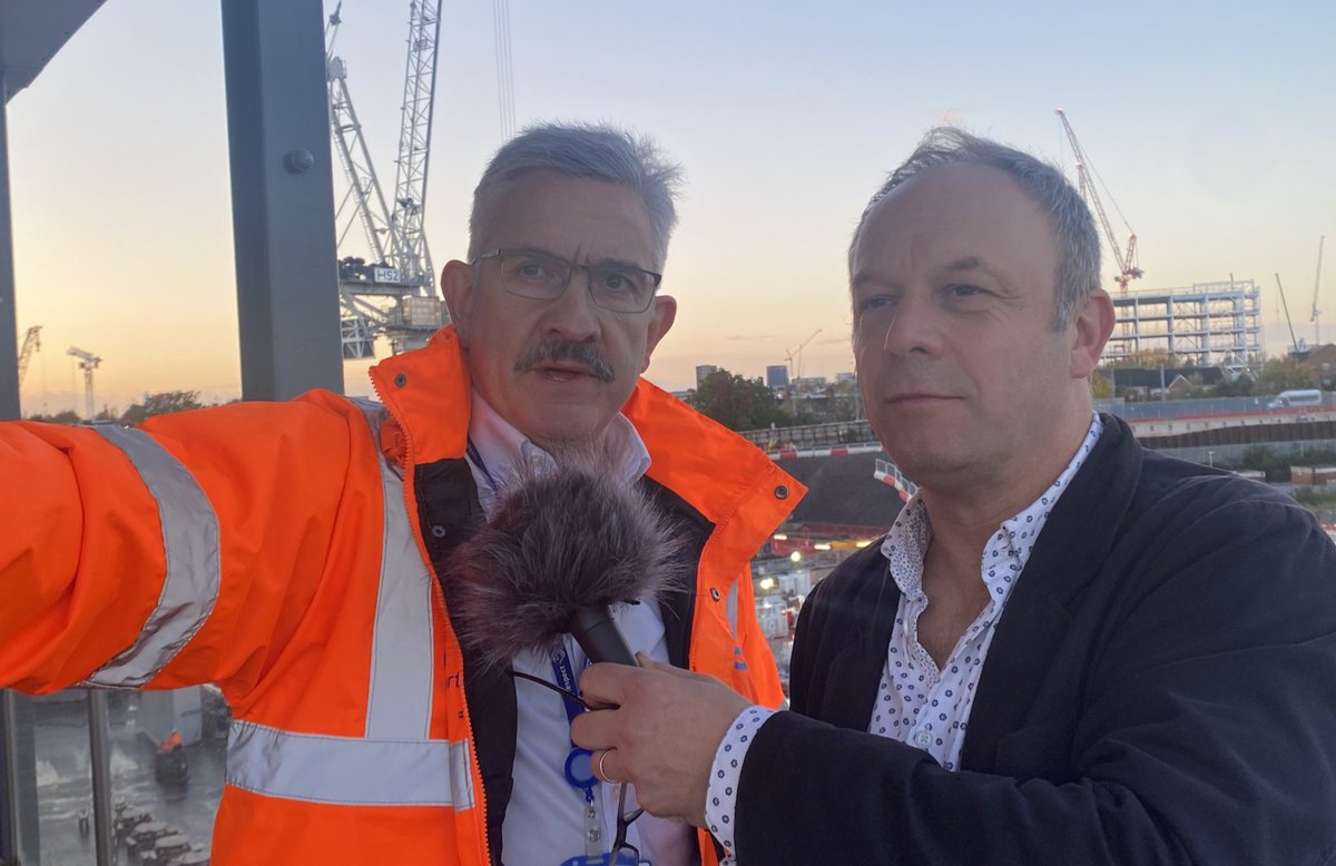 First outside on-the-spot podcast recording, on site at @HS2 Old Oak Common station with Huw Edwards for The Infrastructure Podcast - matching mic and tash! infrastructure-podcast.com #lovethefurrymike #HS2 #infrastructure #movember2023