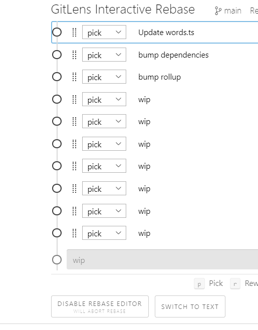 coridrew's tweet image. #GitLens has officially impressed me lately... and that&apos;s saying a lot (I have MUCH git gui damage) but the cherry on top is the &quot;SWITCH TO TEXT&quot; button for interactive rebase. Nice option!  #ClapClap