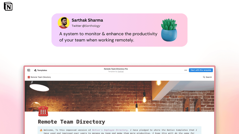 Remote Team Directory 🗄️

A system to monitor &amp; enhance the productivity of your team when working remotely.

by <a href="/Sarthology/">𝙎𝙖𝙧𝙩𝙝𝙖𝙠 𝙎𝙝𝙖𝙧𝙢𝙖 🪴</a> 

Download 👉 prototion.com/notion-templat…

#notiontwt #notiontemplate