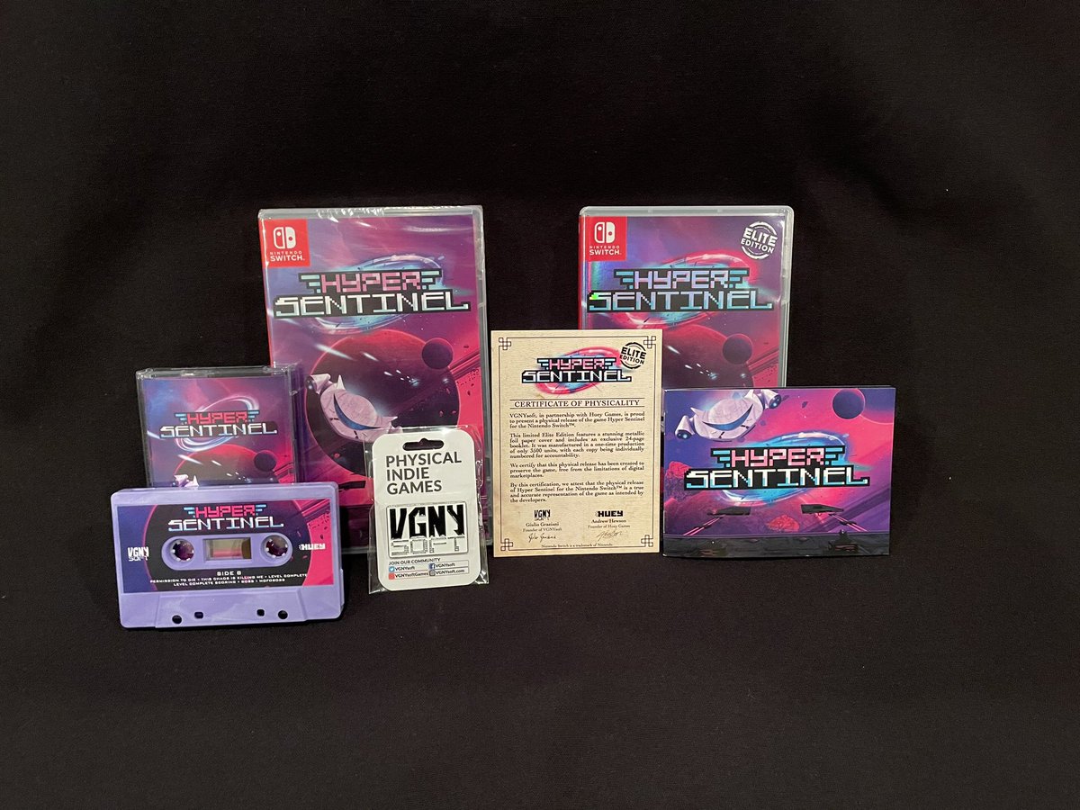 Hyper Sentinel let me start by pointing out the sweet cassette tape!!! The numbered Elite Edition and it came with a manual!!! I rounded out this picture with my VGNYSOFT pin!!! Did I mention the Elite Edition has a holographic cover…because it does! Such a great game! #gamer