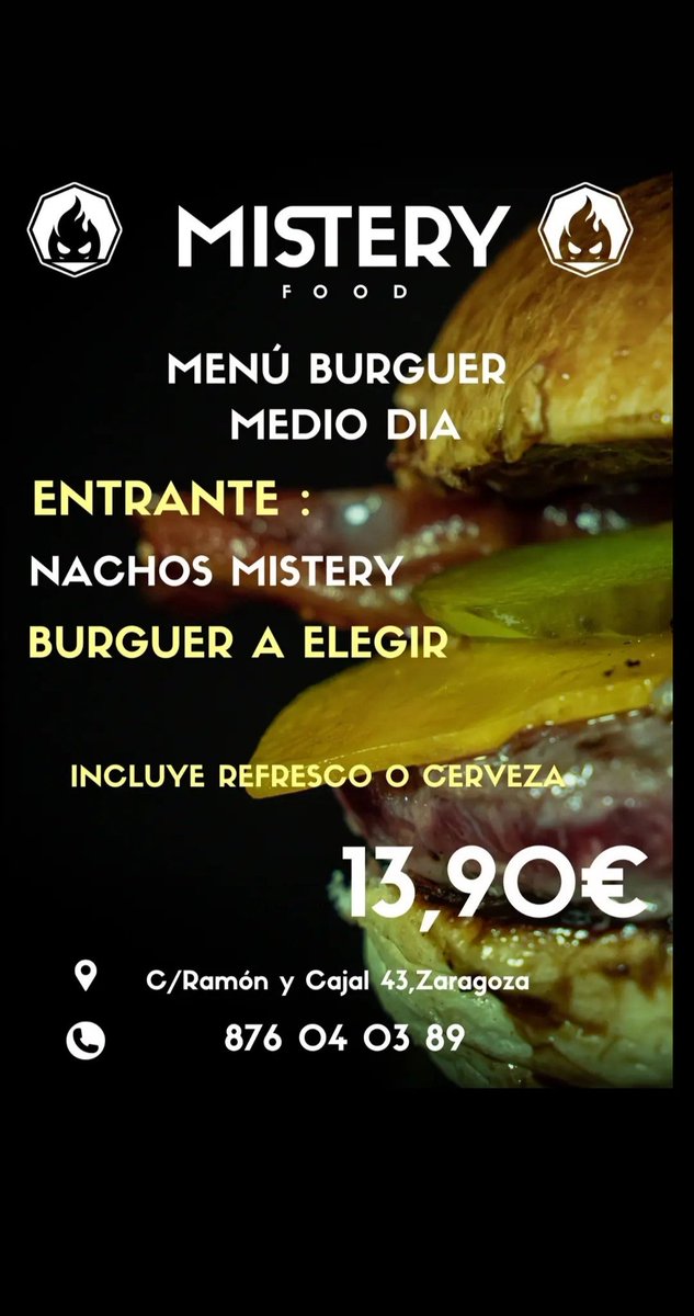 Albertyflapy's tweet photo. Nuevo proyecto de trabajo, si eres de Zaragoza o vienes a Zaragoza no te quedes s sin probar nuestros platos especiales o nuestras fantásticas hamburguesas, todo acompañado de un buen ambiente. Mistery fodd es tu nuevo lugar favorito https://t.co/BeHm0jaDOf