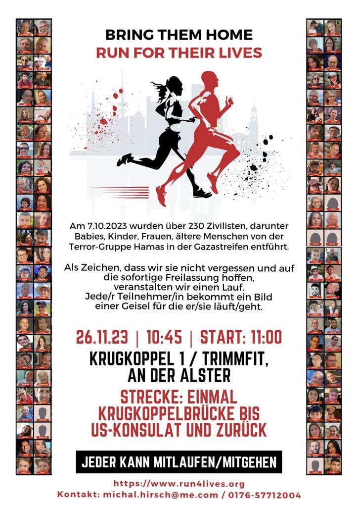 BornplatzHH's tweet photo. Hamburg läuft für die Freilassung der Geiseln!

Tolle Aktion. Start An der Alster/Krugkoppel 1, 10:45 Uhr, am Sonntag 26.11. https://t.co/Qv8r37Z5cb