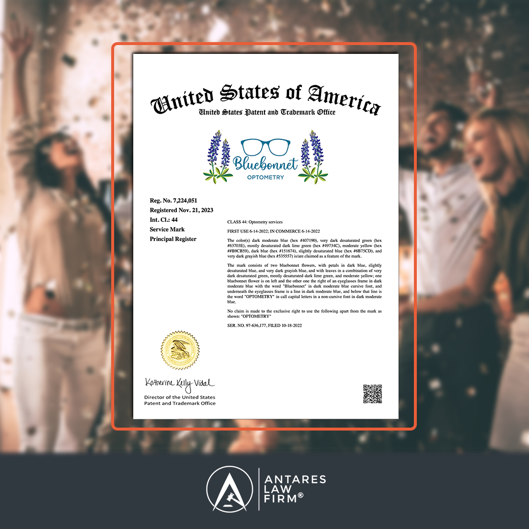 Congratulations to our client on their federally registered #trademark! 🎉 If you're ready to take your brand to the next level, contact Antares Law Firm today.

#trademarklawyer #trademarkattorney #lawyer  #sanantoniolawyer #texaslawyer #iplawyer
