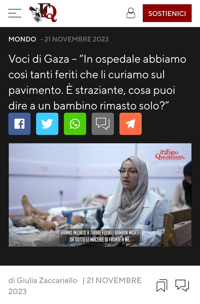 OxfamItalia's tweet photo. “Quando arrivano 60 o 70 feriti contemporaneamente in un pronto soccorso dove hai solo 14 posti letto, sei costretto a curare le persone sul pavimento. Questa è la guerra più dura che #Gaza abbia mai vissuto, è diversa dalle altre. Amputazioni, gravi lesioni alla testa, tagli profondi. Raramente abbiamo dovuto affrontare casi del genere. Gli #ospedali vengono attaccati, alcuni medici sono stati uccisi. Ma, indipendentemente dai bombardamenti, continueremo a venire qui e a fare il nostro lavoro”.

Nel nostro diario sul @fattoquotidiano, firmato da @GiuZacc, la  testimonianza di un'infermiera nell'inferno di #Gaza, raccolto dallo staff di #Oxfam.
VIDEO 👉 https://t.co/k4xCm9QDst

Serve un immediato #cessateilfuoco, firma ora 👉https://t.co/3k5qbcqxGd