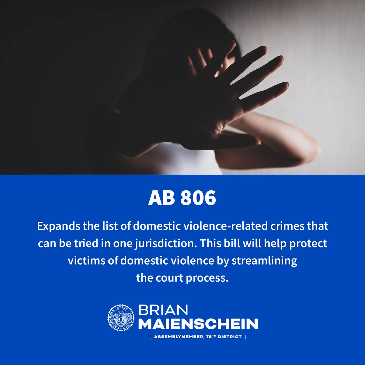 I proudly announce that the Governor signed my bill #AB806, which expands the list of domestic violence-related crimes that can be tried in one justification. This will help protect repeat victims of domestic violence. @SDDistAtty