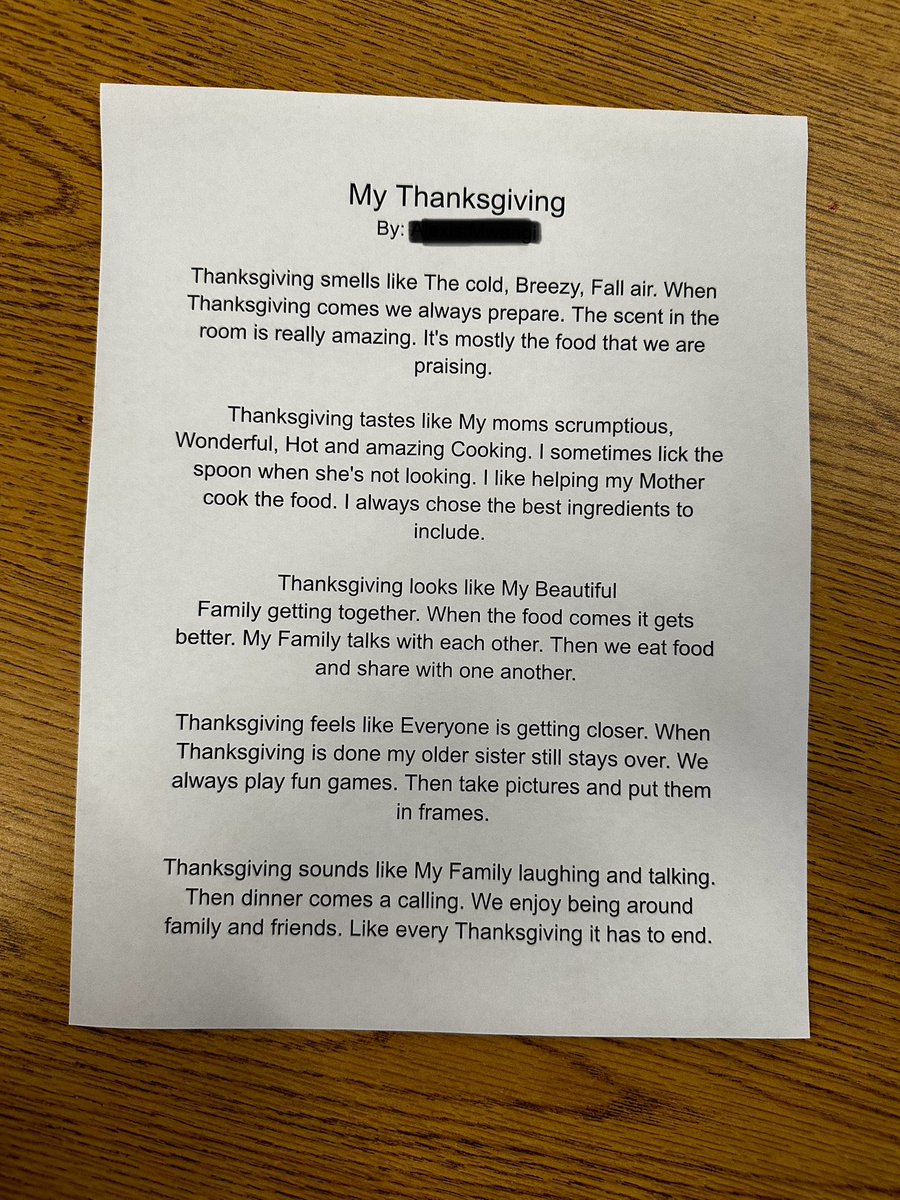 Today we wrote Thanksgiving poems using our senses. This one really blew me away! I love watching our Knights being creative!