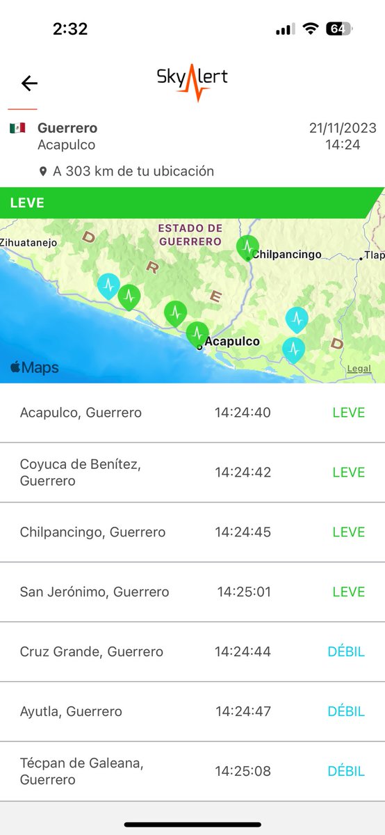 Sismo magnitud 4.9 (SSN) ubicado a 15 km al poniente de San Marcos, Guerrero. Detectado por @REDSkyAlert con intensidad «leve» en zona del epicentro. #LaAlertaConfiable