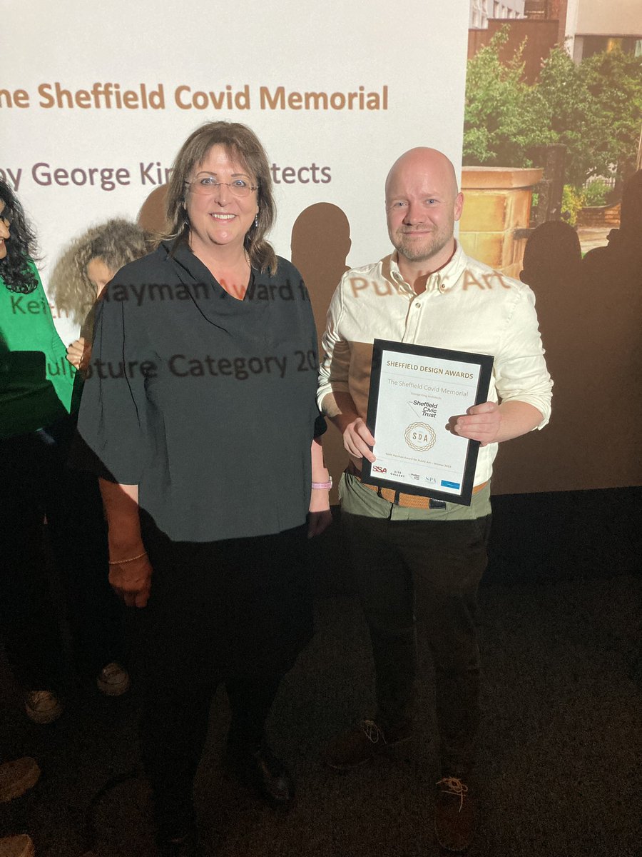 Heritage_Angel's tweet photo. Congratulations to @GeorgeKingArch winner of the Keith Hayman Awards for public art in Sheffield this evening for his stunning Covid memorial sculpture commissioned by @SheffCouncil great work by @SheffCivicTrust @SDAdesignaward who organised this celebration of our street art. https://t.co/dtLqfwPXRR