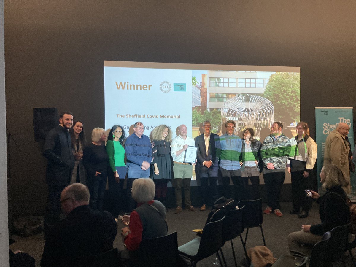 Heritage_Angel's tweet photo. Congratulations to @GeorgeKingArch winner of the Keith Hayman Awards for public art in Sheffield this evening for his stunning Covid memorial sculpture commissioned by @SheffCouncil great work by @SheffCivicTrust @SDAdesignaward who organised this celebration of our street art. https://t.co/dtLqfwPXRR