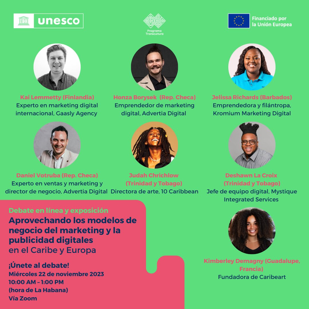 UNESCOHabana's tweet photo. ‼Mañana‼

🌐No te pierdas este evento de @UNESCO #Transcultura con especialistas en marketing digital del Caribe y Europa para conocer las oportunidades que ofrece el mundo para los #emprendimientoscreativos.

- Financiado por la #UE🇪🇺

Regístrate aquí👉https://t.co/uHpd3l1JUc https://t.co/AjRwuSgotM