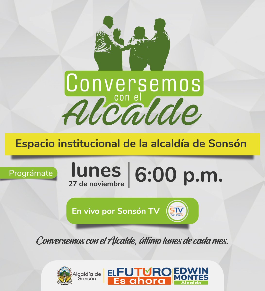 #SonsónAvanza➡️ 🧡💙cuando tenemos un mismo propósito: construir un mejor futuro para TODOS. #ElFuturoEsAhora #Cumplimos✅
🗒Lunes 2️⃣7️⃣ de noviembre
⏰ 6️⃣ pm
🔴 En vivo por Sonsón TV
