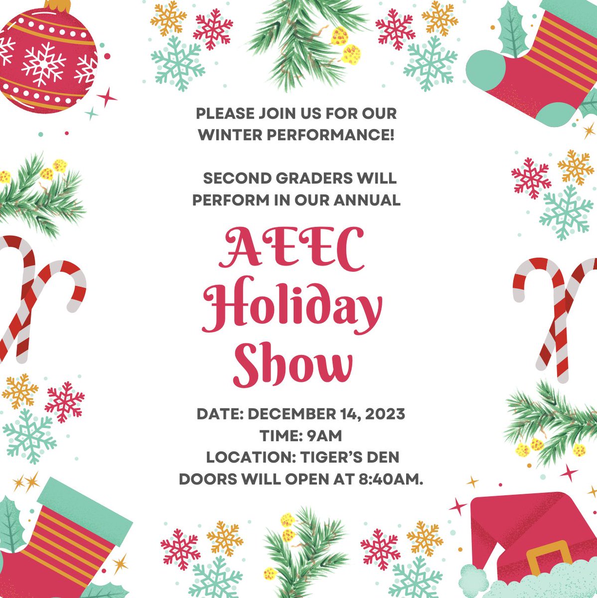 Mark your calendar for our annual AEEC Holiday Show Thursday, December 14th at 9 am. Our 2nd Graders will be performing this show!