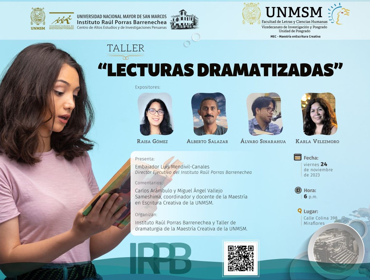 Agencia_Andina's tweet photo. El viernes 24 de noviembre a las 18:00 horas se realizará una sesión de lecturas dramatizadas de cuatro textos producidos en el Taller de dramaturgia de la Maestría en Escritura Creativa de la Universidad Nacional Mayor de San Marcos. https://t.co/g0593bYm4e https://t.co/uPUYnRsCTj