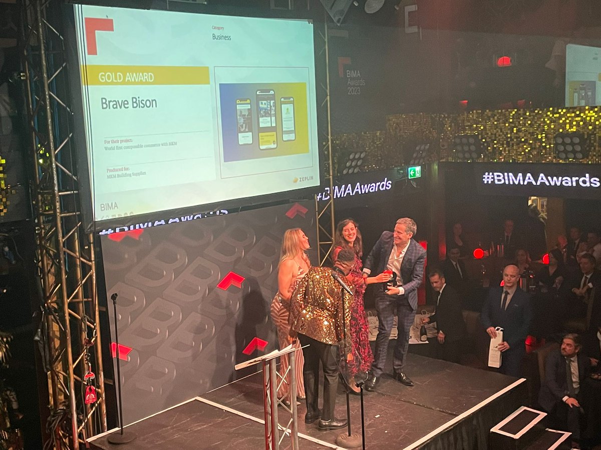 Congrats @BraveBisonIO, you've won Gold for your work in the Business category 'World first composable commerce with MKM' prod. for @mkmbs! Coming in Silver is @fouragencyhq 'Take 5 to Stop Fraud' prod. for @UKFtweets Brought to you by @zeplin #BIMAAwards