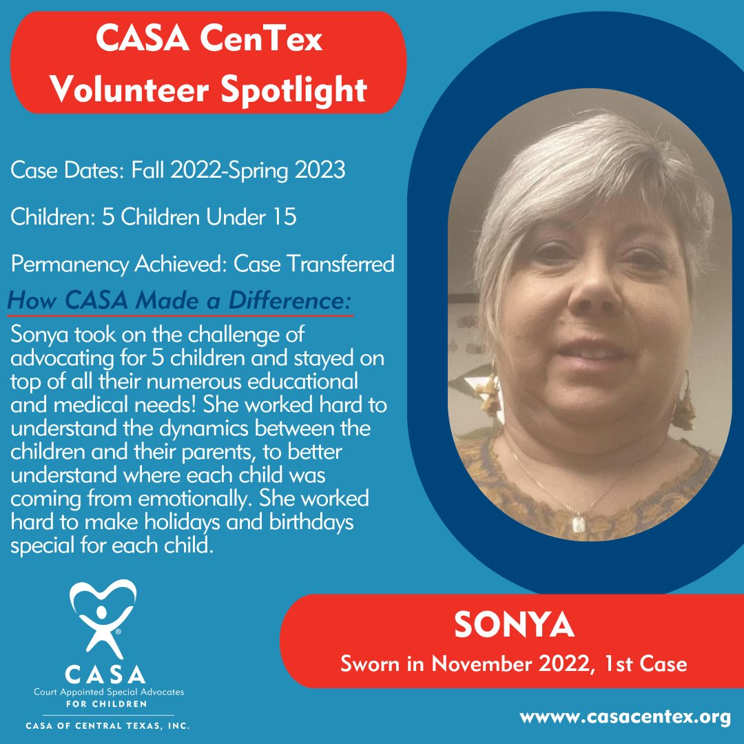 We are ALWAYS thankful for our amazing volunteer advocates, especially this Thanksgiving week!

Next up for our Volunteer Spotlight--Sonya!

Interested in advocating for kids in YOUR community? Apply here: ow.ly/poeQ50Mk6VI