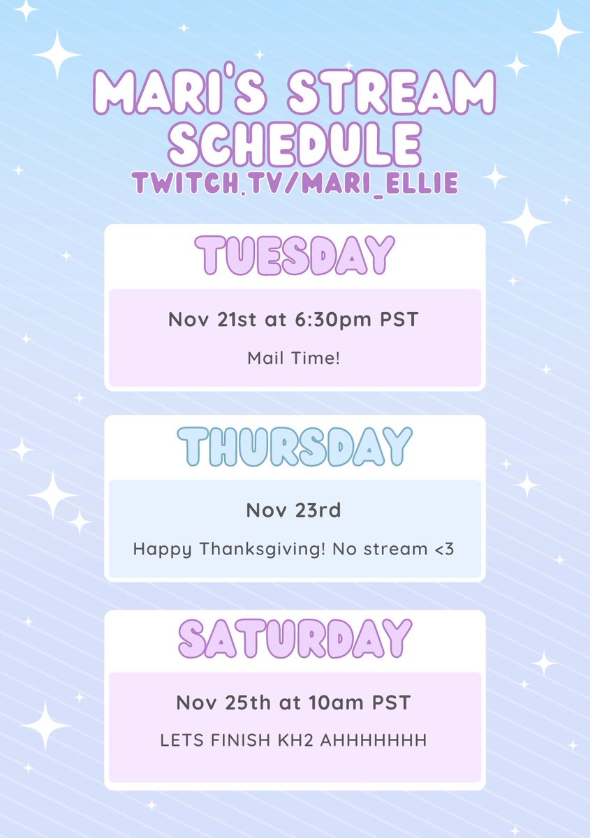 Stream schedule for this week! Gonna play a cozy game tonight and then try to beat kingdom hearts 2 on Saturday LETS GOOOOO!!!! Hope to see y’all there <3333