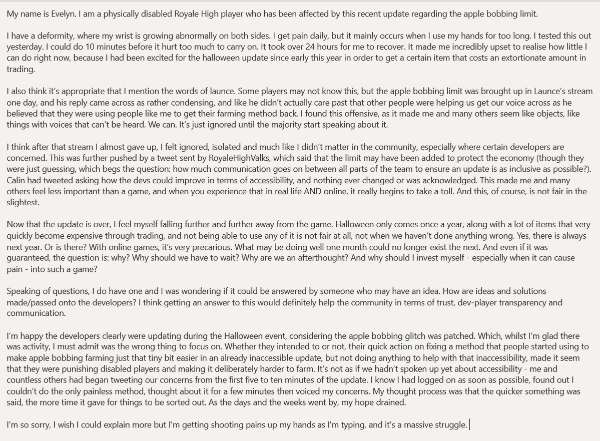 evelynttr's tweet photo. My Story as a Disabled Player.
#royalehigh #royalehighupdates #rh #rhupdates #royalehighupdate #rhupdate #royalloween #royalloween2023 #royalehightrading #royalhigh #royalehighnewschool #glitterfrost #royalehighschool #royalehighhalo #royalehighhelp https://t.co/VCvMHzxz1N