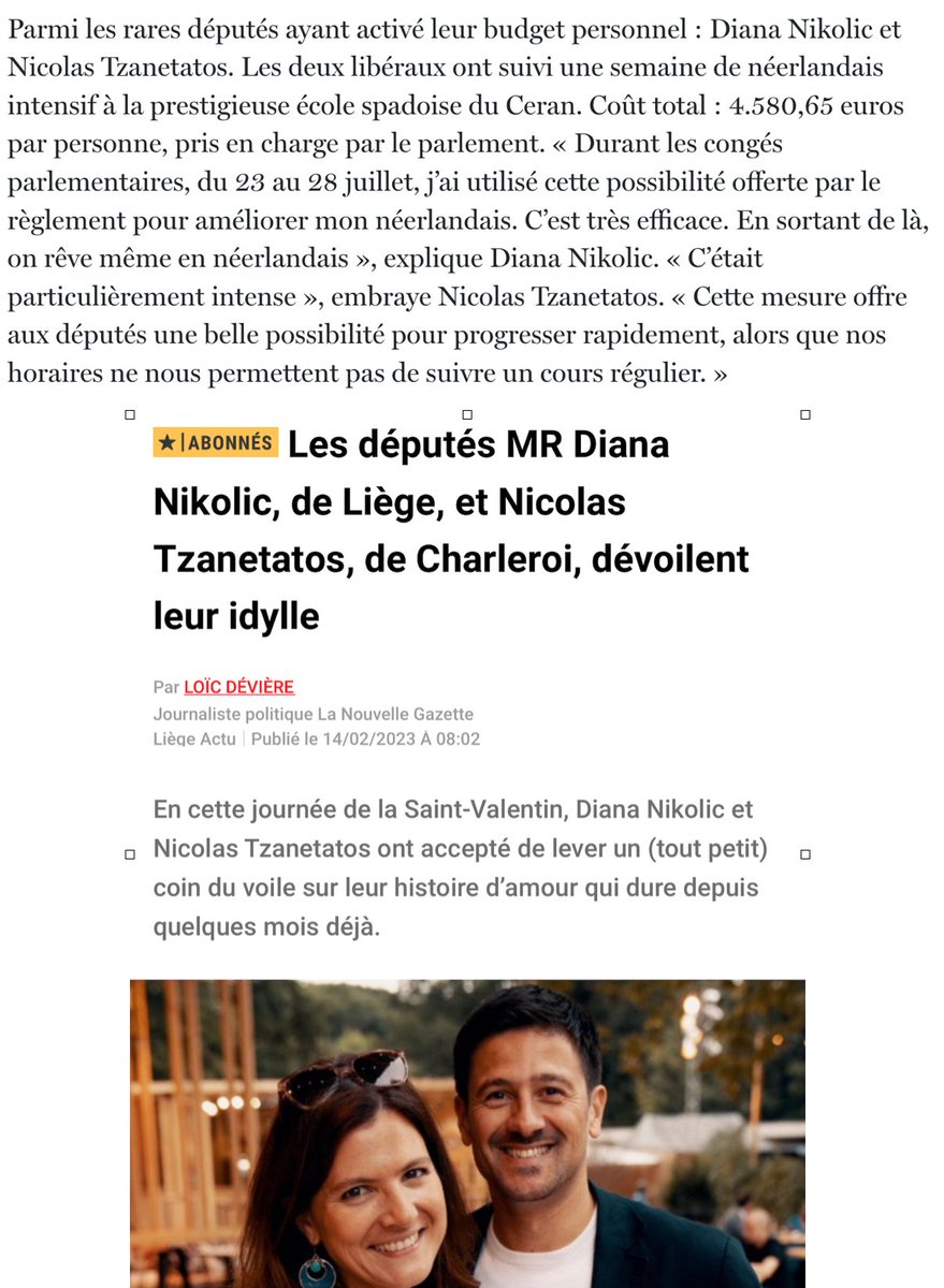 michelhenrion's tweet photo. Une semaine en juillet au Château du Haut-Neubois du #CERAN pour 9.161,30€ à charge du @ParlWallonie: un couple (officialisé par lui-même depuis la St-Valentin via une interview à @sudinfo_be) de députés wallons #MR a activé leur droit (aussi peu connu que peu usité) à la #formation linguistique (ici NL) prévue et financée par le règlement du Parlement Wallon. Extraits de l'article de @XaCoun dans @lesoir et dans @sudinfo (14/02/23)