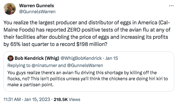 I'm old enough to remember when the bootlicking billionaire class blamed the doubling of egg prices on the avian flu instead of illegal price fixing and corporate greed.
