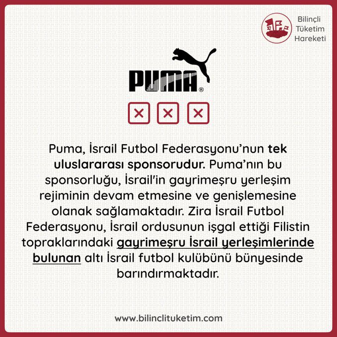 ErdemOzveren571's tweet photo. 💢 Galatasaray 'ın Anşaşmaya
Vardığı İsrail'in Tek Uluslararası
Sponsoru Puma'yı Tanıyalım (Paylaşalım)

2018 yılında Adidas, Filistinli aktivistlerin yoğun baskısı nedeniyle İsrail Futbol Federasyonu'nun sponsorluğundan çekilmiş; bütün tepki ve uyarılara rağmen yeni sponsor Puma olmuştur. ⤵️