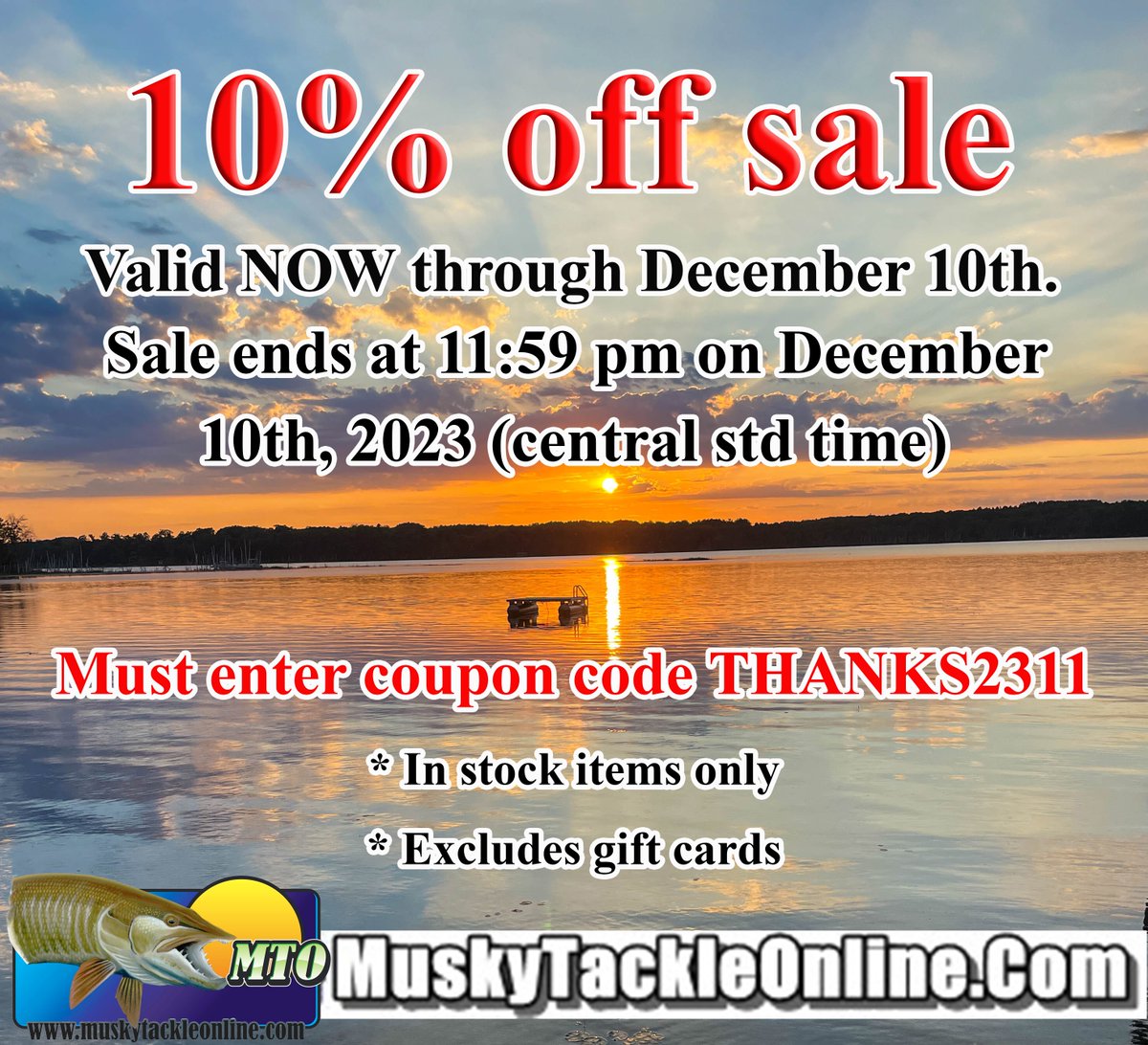 MTO_Musky's tweet photo. It's that time of year for our annual sale here at Musky Tackle Online. Simply enter the coupon code provided here during your online checkout, apply the code, and the discount will automatically calculate from there.
https://t.co/yjBIYzo15H https://t.co/X0Bzv92xn2