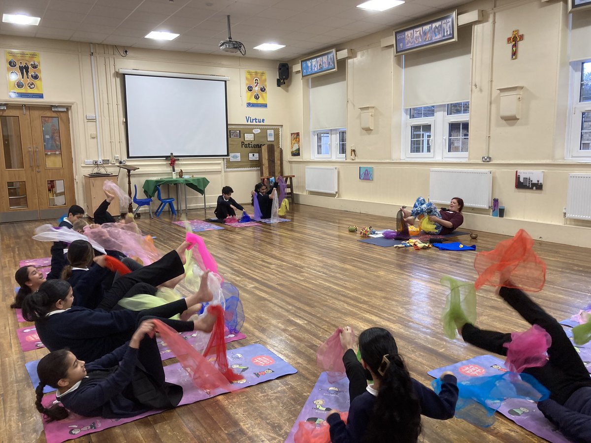 stanneskly's tweet photo. Thank you Emily @tattywharfedale for our yoga sessions today. Year 6 particularly enjoyed practising boat pose and being an octopus, waving the colourful scarves. They also enjoyed focusing on the sound of the singing bowl. @bcw_cat #schoolofhealth https://t.co/BnEVTttfXX
