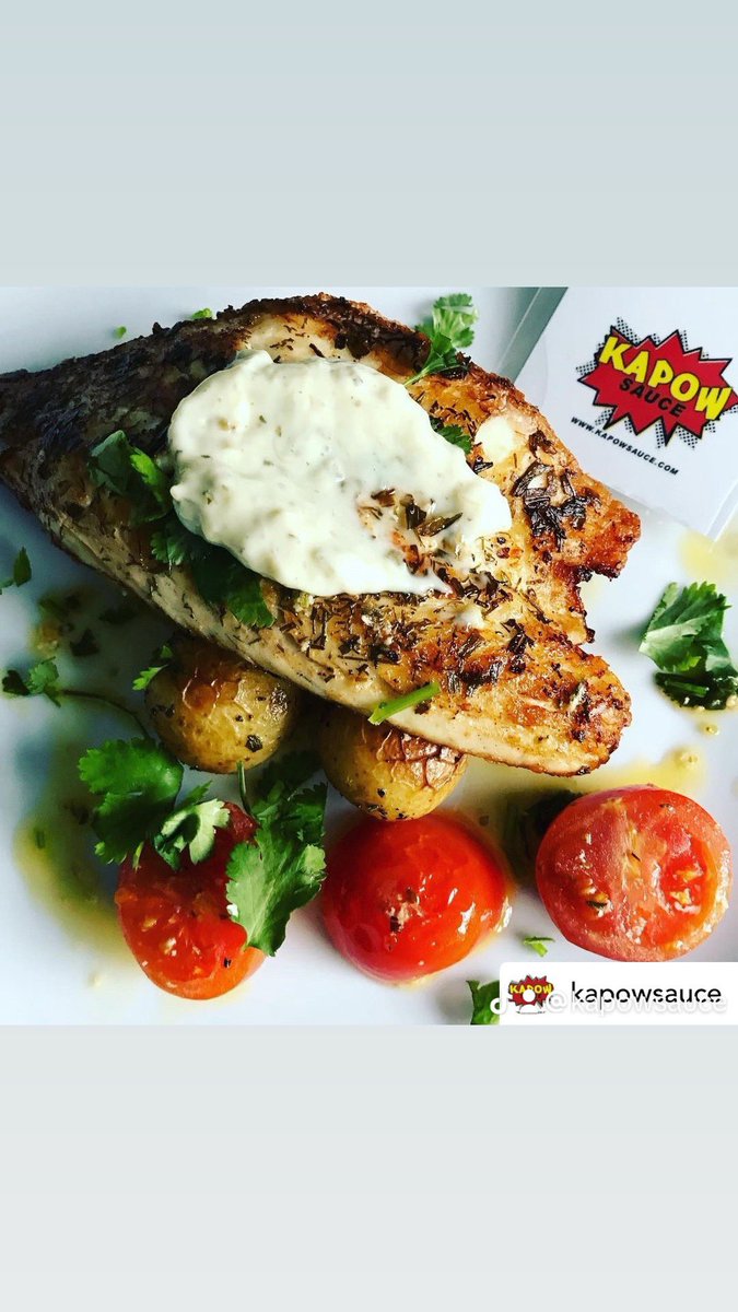 Kapowsauce's tweet photo. The kitchen is now closed...Sea bass with new baby potatoes and cherry tomatoes. 

A homemade tartar sauce completes the sea bass but even better is the garlic butter drizzle with coriander finish.

#seabass #fishwednesday #dinner #tea #kapowsauce💥kapowsauce https://t.co/HOK2fPdsNk