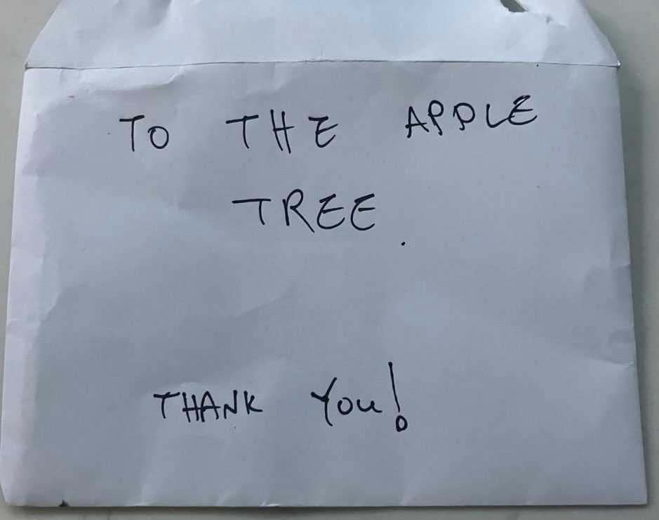 vicderbyshire's tweet photo. My sister has one small tree in her back garden in North London. It’s an apple tree. 

Every day she leaves apples on her front wall for anyone passing to take one. 

Today she received this:

❤️🍎❤️🍎❤️🍎❤️🍎❤️🍎❤️ https://t.co/IReVqGLYyM