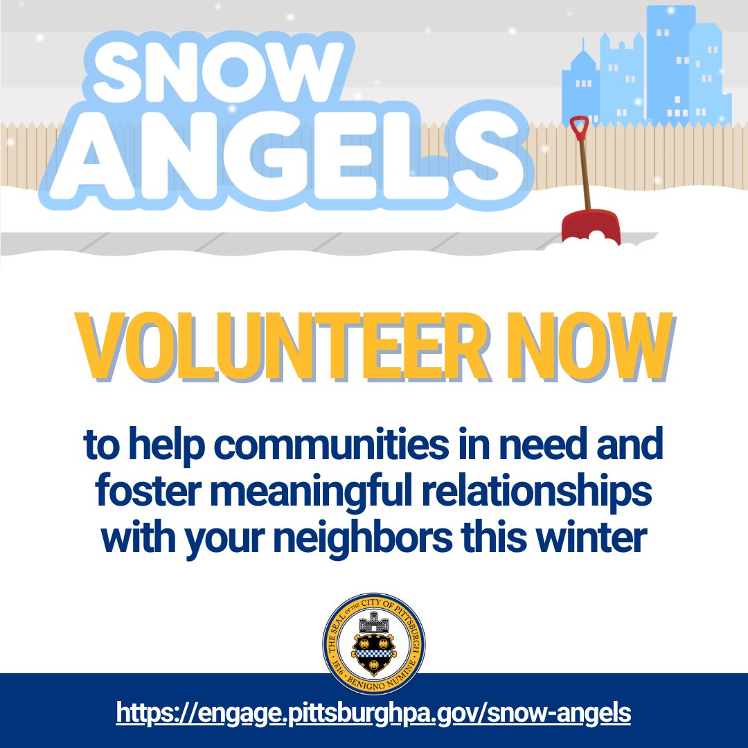 The City of Pittsburgh is excited to announce the official launch of the 2023-2024 Snow Angels season and is encouraging all residents to volunteer to help their neighbors in need!

Learn more on EngagePGH: engage.pittsburghpa.gov/snow-angels