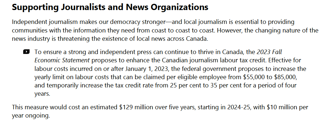 Government bailing out Canadian news outlets as impact of disastrous Bill C-18 becomes clear. It will now cover 35% of journalist labour costs and has increased the per employee claim from $55K to $85K. News Media Canada lobbying pays off.