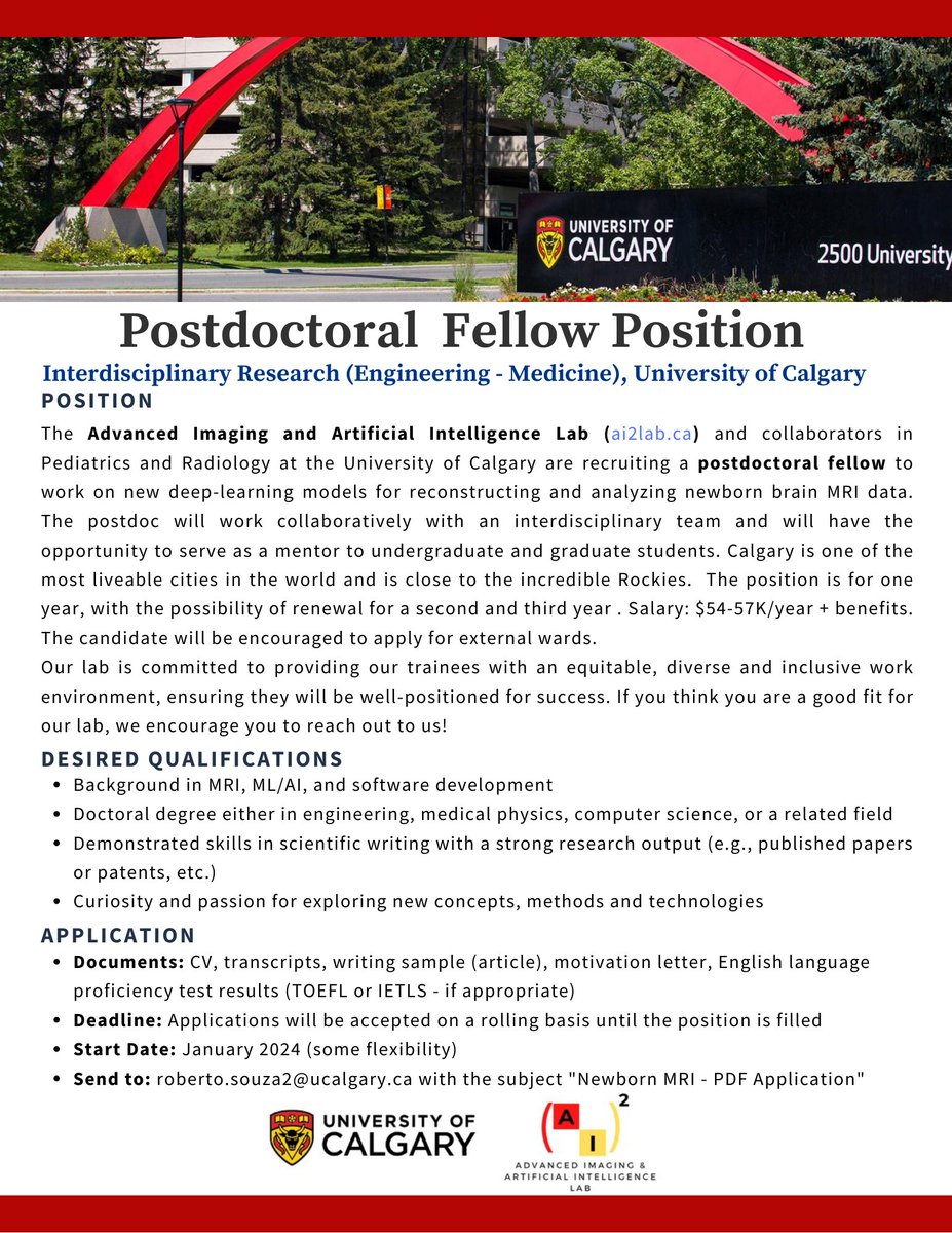 lab_ai2's tweet photo. Our lab is hiring a PhD student and a postdoctoral fellow for an exciting new project seeking to translate medical imaging models trained on adult data to newborns! https://t.co/J75ywmQa8V