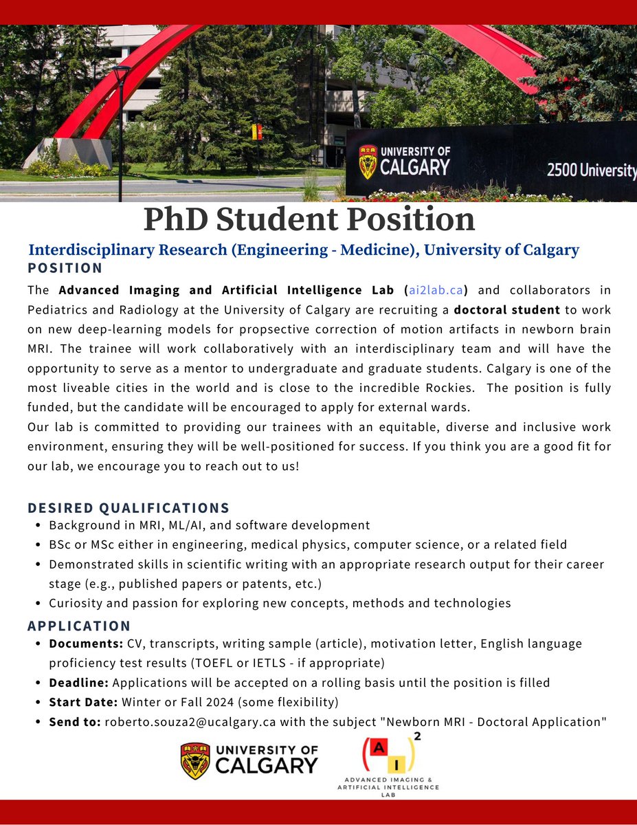 lab_ai2's tweet photo. Our lab is hiring a PhD student and a postdoctoral fellow for an exciting new project seeking to translate medical imaging models trained on adult data to newborns! https://t.co/J75ywmQa8V