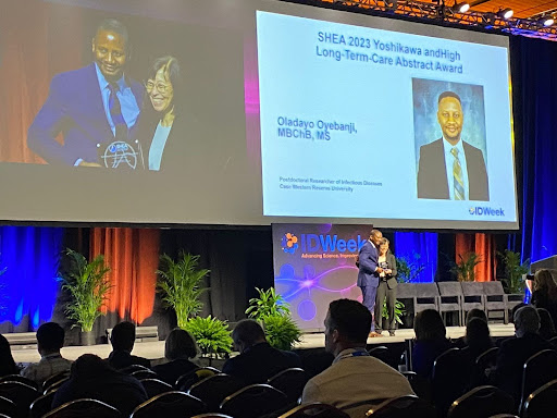 CWRUSOM's tweet image. Congratulations to @cwru School of Medicine postdoctoral fellow Oladayo Oyebanji who received the @SHEA_Epi Yoshikawa and High award for his abstract presented at the society’s IDWeek.  

case.edu/medicine/about…