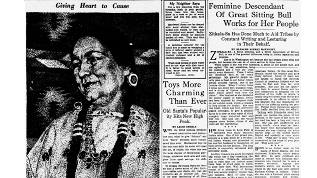 ChronAmLOC's tweet image. Zitkála-Šá (Gertrude Simmons Bonnin) was a Native American activist, educator, writer and artist. She co-composed the first known Native American opera "The Sun Dance Opera" in 1913 and co-founded the National Council of American Indians. loc.gov/resource/sn830… #NAHM #ChronAm