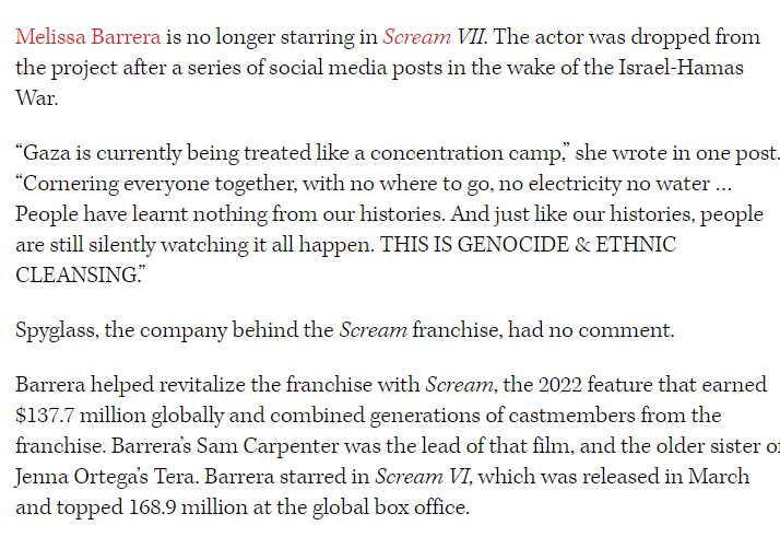 NebsGoodTakes's tweet photo. To recap:

- Melissa Barrera was fired from Scream 7 due to being pro-Palestine

- Susan Sarandon was dropped from her talent agency due to being pro-Palestine

- Skyler Gisondo, a Zionist, was just cast as Jimmy Olsen in Superman: Legacy https://t.co/sWv1cXz1nS